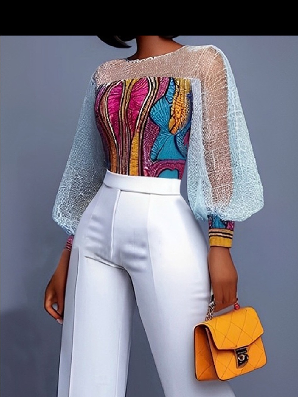 STYLEWE Elegant Patchwork (looking) Sheer Mesh Balloon Sleeve Blouse
